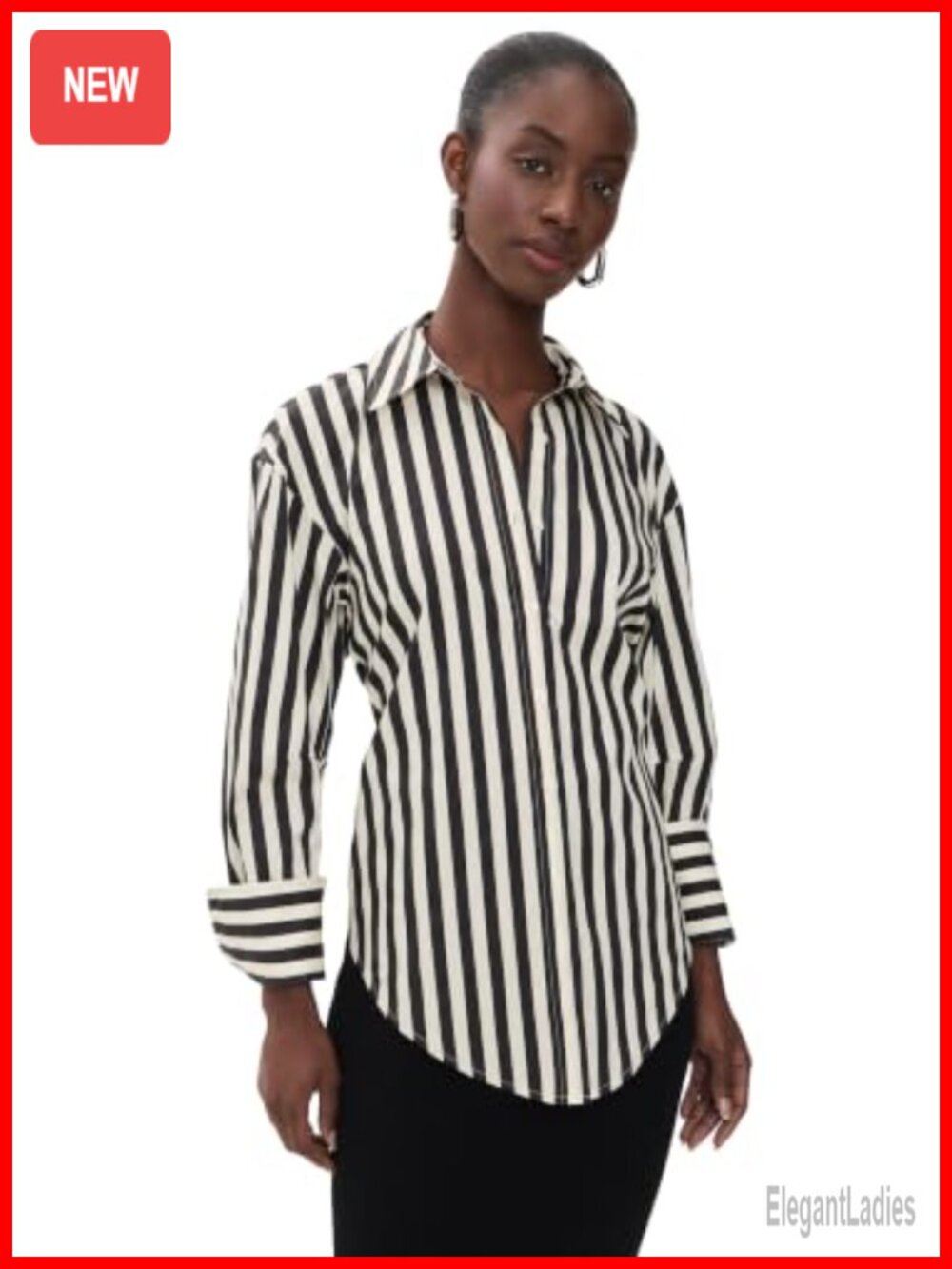 Striped Poplin Button Up Top Long Sleeve Collared Cutout Back